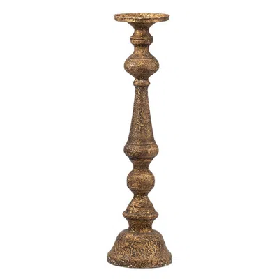 Hivvago Mia 24 Inch Pillar Candle Holder, Antique Brass Metal, Turned Pedestal In Brown