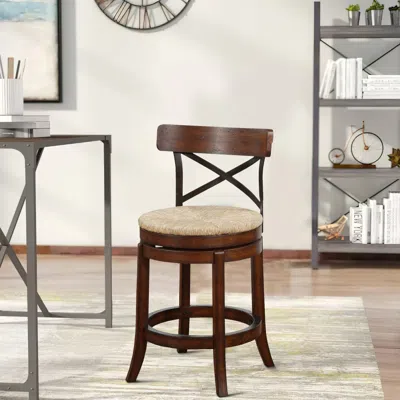 Hivvago Mia 24 Inch Swivel Counter Stool, Crossed Metal Back, Sedge Seat, Brown
