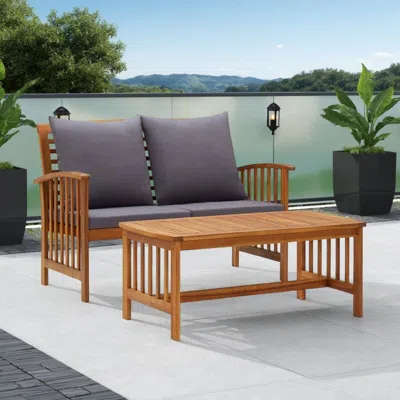 Hivvago Mia 2pc Loveseat Sofa And Coffee Table Set, Slatted Acacia Wood, Gray In Multi
