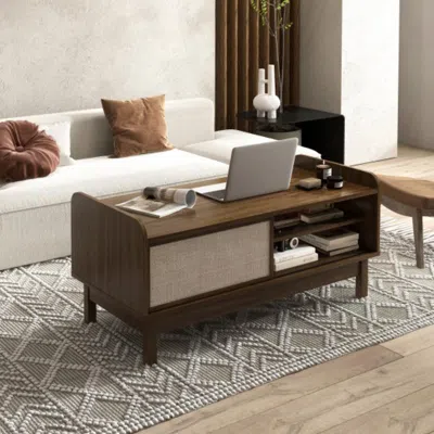 Hivvago Mid-century Center Table With Storage And Weaving Sliding Door & Adjustable Shelf-walnut