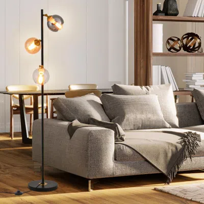 Hivvago Mid Century Floor Lamp With 3 Glass Globe Lampshades And Weighted Base In Gray