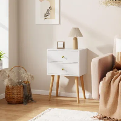Hivvago Mid Century Modern 2 Drawers Nightstand In Natural-white