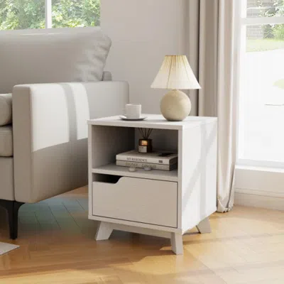Hivvago Mid Century Modern Bedside Table With Storage Drawer And Open Shelf-white