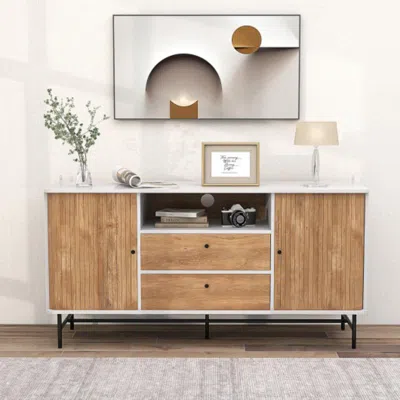 Hivvago Mid Century Modern Buffet Sideboard With Sliding Tambour Doors And 2 Storage Drawers-white