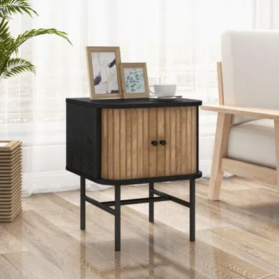 Hivvago Mid-century Modern Nightstand With Sliding Doors And Storage Cabinet-black