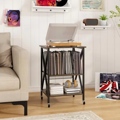 Hivvago Mid-century Record Player Stand With Built-in Charging Station-gray
