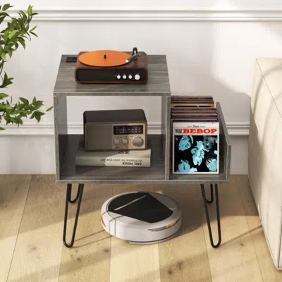 Hivvago Mid-century Record Player Stand With Power Outlet And Vinyl Divider-gray In Brown