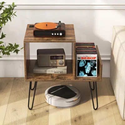 Hivvago Mid-century Record Player Stand With Power Outlet And Vinyl Divider-rustic Brown