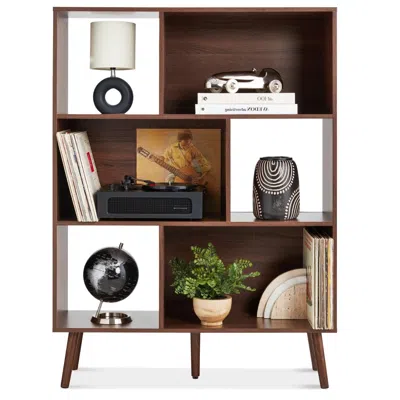 Hivvago Mid Century Style Bookcase Storage Shelving Unit In Walnut Wood Finish In Brown