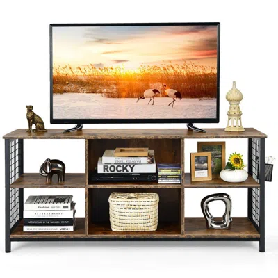 Hivvago Mid-century Wooden Tv Stand With Storage Basket For Tvs Up To 65 Inch In Brown