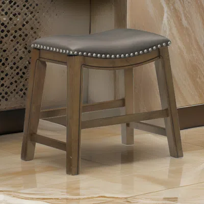 Hivvago Miel 20 Inch Dining Stool, Gray Faux Leather, Brown Solid Wood, Nailheads