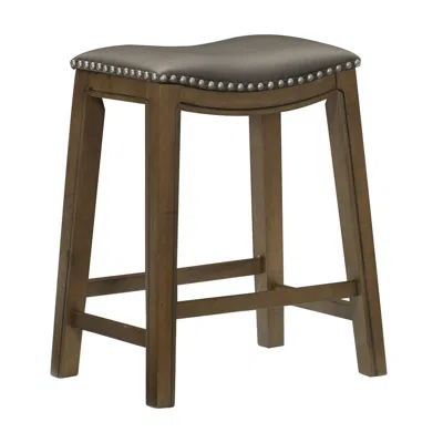 Hivvago Miel 26 Inch Counter Height Stool, Gray Faux Leather Seat, Brown Solid Wood