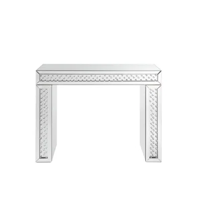 Hivvago Mirror Accented Wood And Glass Vanity Desk With Faux Crystal Inlay, Silver