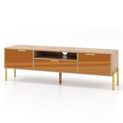 Hivvago Mirrored Tv Stand For Tv Up To 65 Inch With Spacious Tabletop And 2 Storage Cabinets-natural In Brown