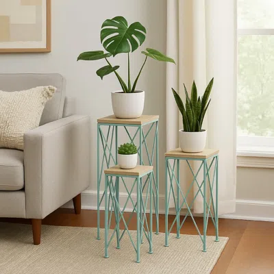Hivvago Mito 3pc Nesting Plant Stand Table, Brown Wood Top, X Cross Blue Metal In Green