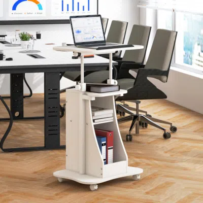 Hivvago Mobile Podium Stand Height Adjustable Laptop Cart With Tilting Tabletop And Storage Compartments-whi