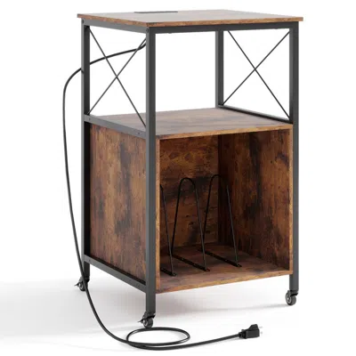 Hivvago Mobile Record Player Stand With Power Outlet With Open Shelf And Dividers In Brown