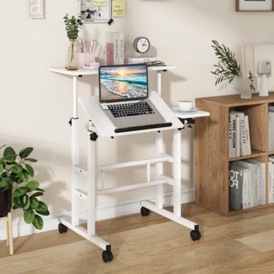 Hivvago Mobile Stand-up Computer Desk Adjustable With 2 Tilting Desktops-white