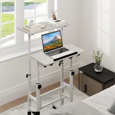 Hivvago Mobile Standing Desk Height-adjustable Laptop Cart With Split Top And Hanging Hooks-white