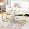 Hivvago Modern 2-tier Rectangular Coffee Table With Glass Table Top-golden