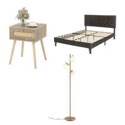 Hivvago Modern 3-piece Bedroom Furniture Set With Upholstered Queen Bed 2 Rattan Nightstands And 3-globe Flo In Multi