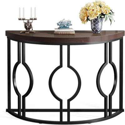 Hivvago Modern 43-inch Half Moon Accent Console Table With Brown Wood Top Black Frame