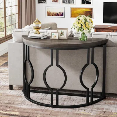 Hivvago Modern 43-inch Half Moon Accent Sofa Table With Grey Wood Top Black Frame