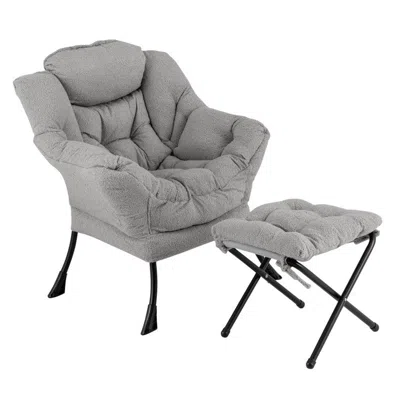 Hivvago Modern Accent Chair With Folding Footrest And Head Pillow In Gray