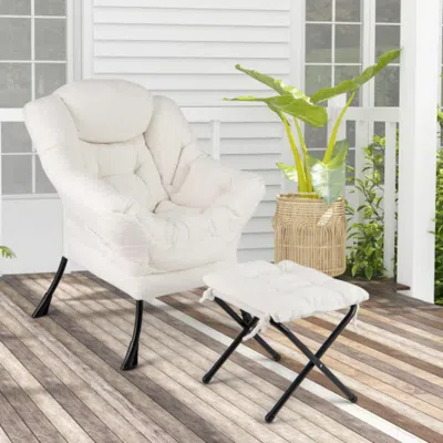 Hivvago Modern Accent Chair With Folding Footrest And Head Pillow-beige