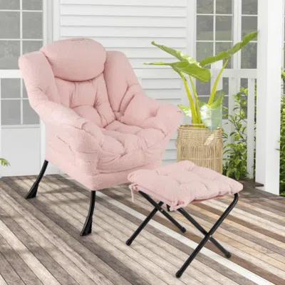 Hivvago Modern Accent Chair With Folding Footrest And Head Pillow-pink