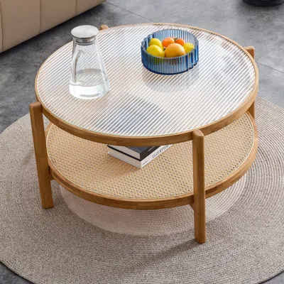Hivvago Modern And Simple Solid Wood Double Layered Circular Rattan Coffee Table- Natural