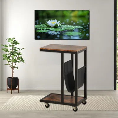 Hivvago Modern C-shaped Side Table With Metal Frame And Fabric Storage Holder In Brown