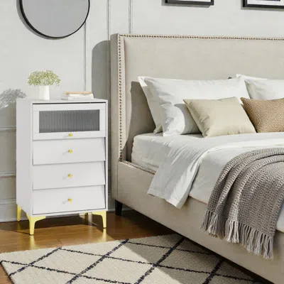 Hivvago Modern Cabinet With Lift-up Fluted Glass Door And Sliding Drawers In White