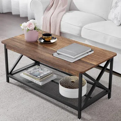 Hivvago Modern Classic Metal Wood Coffee Table With Bottom Storage Shelf In Brown