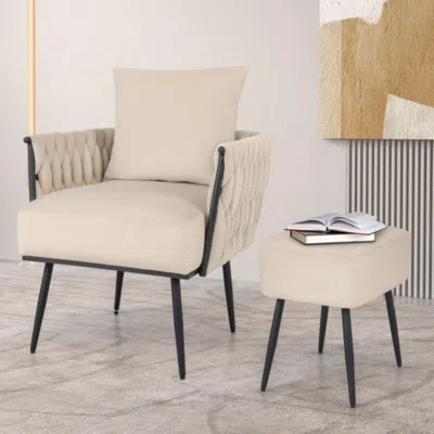 Hivvago Modern Dutch Velvet Accent Chair And Ottoman Set With Weaved Back And Arms-white
