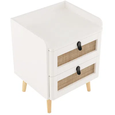 Hivvago Modern End Table Bedside Table With 2 Rattan Decorated Drawers - White