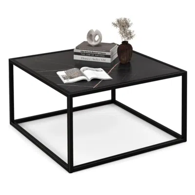 Hivvago Modern Glass Square Coffee Table With Metal Frame For Living Room In Black