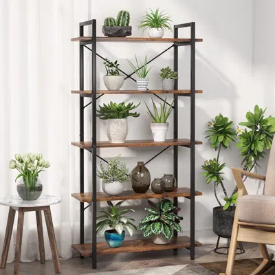 Hivvago Modern Industrial 5-shelf Bookcase With Sturdy Metal Frame And Wooden Shelves In Brown