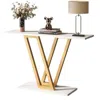 Hivvago Modern Industrial Console Table With Faux White Marble Top And Gold Frame In White