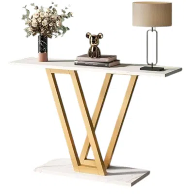 Hivvago Modern Industrial Console Table With Faux White Marble Top And Gold Frame