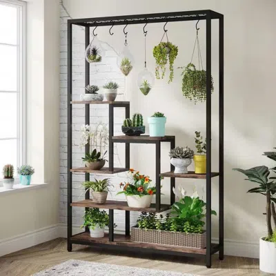 Hivvago Modern Industrial Heavy Duty Metal Wood Plant Stand With 10 Hanging Hooks In Black