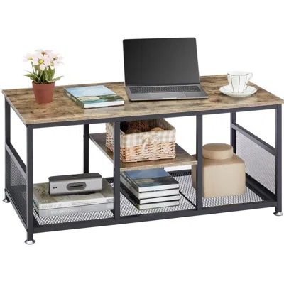 Hivvago Modern Industrial Metal Grey Wood Coffee Table With Bottom Storage Shelves In Multi