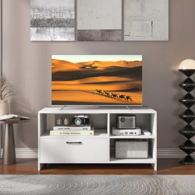 Hivvago Modern Media Console Table With 3 Open Compartments And 1 Storage Drawer-white