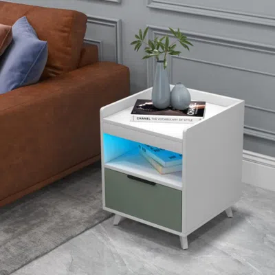 Hivvago Modern Nightstand With Led Lights Sliding Drawer And Open Compartment-white