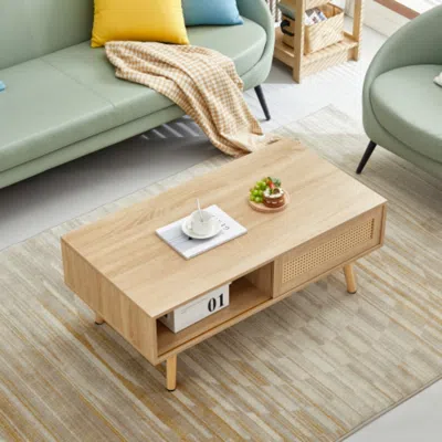 Hivvago Modern Rattan Coffee Table With Sliding Storage Door In Natural Finish