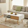 Hivvago Modern Rattan Coffee Table With Sliding Storage Door In White Finish