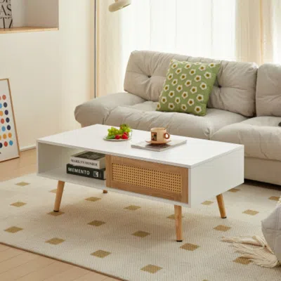 Hivvago Modern Rattan Coffee Table With Sliding Storage Door In White Finish