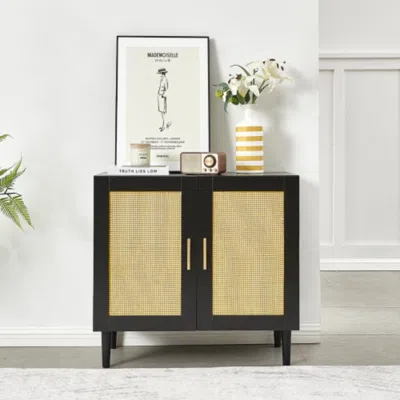 Hivvago Modern Rattan Storage Cabinet With Adjustable Shelves In Black