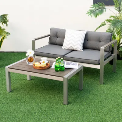 Hivvago Modern Rectangular Patio Coffee Table With Plastic Wood Tabletop And Rustproof Aluminum Frame-gray