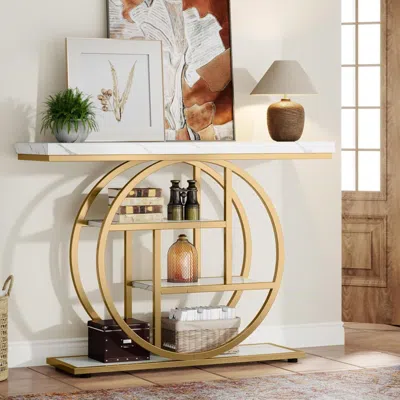 Hivvago Modern Round Gold Metal Frame Foyer Console Table With White Faux Marble Shelves In Neutral